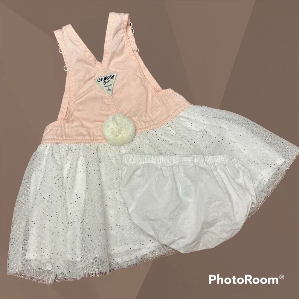 Oshkosh Baby Girl 18 Mths Pink Bunny Overall Dress W/Glitter Skirt